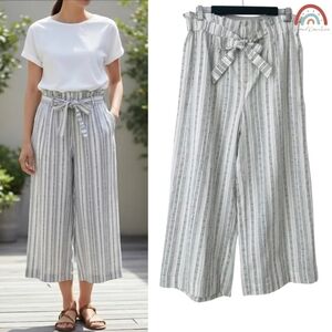 Doe & Rae Linen Wide Leg Stripped Cropped Pants